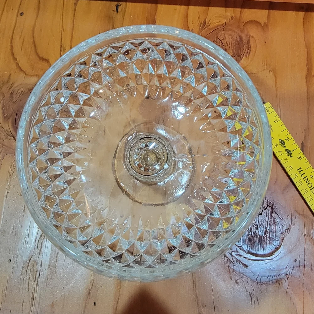 Clear Crystal Pedestal‎ Candy Dish with Diamond Cut Pattern Vintage 1960s
